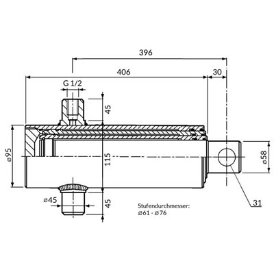 Einfachwirkender Teleskopzylinder, zweistufig, Hub 595mm Zeichnung