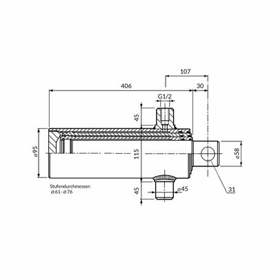 Einfachwirkender Teleskopzylinder, zweistufig, Hub 595mm Zeichnung
