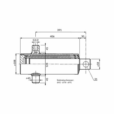 Einfachwirkender Teleskopzylinder, dreistufig, Hub 875mm Zeichnung