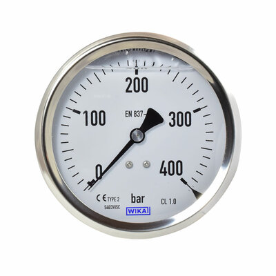 Glyzerinmanometer Ø 100mm, 0...400bar mit Befestigungsbügel